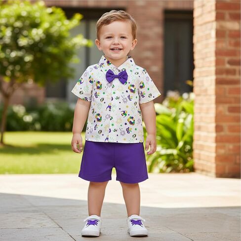 طقم ملابس Hekkomird Baby Boy Mardi Gras لطيف على شكل كعكة King بأكمام قصيرة وقميص وسروال قصير للأطفال الصغار in Saudi Arabia