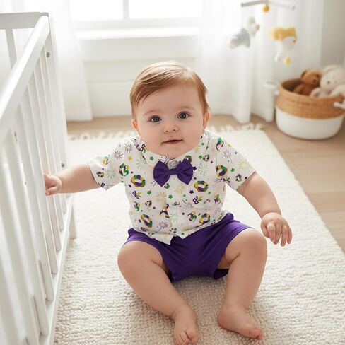 طقم ملابس Hekkomird Baby Boy Mardi Gras لطيف على شكل كعكة King بأكمام قصيرة وقميص وسروال قصير للأطفال الصغار in Saudi Arabia