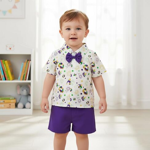 طقم ملابس Hekkomird Baby Boy Mardi Gras لطيف على شكل كعكة King بأكمام قصيرة وقميص وسروال قصير للأطفال الصغار in Saudi Arabia