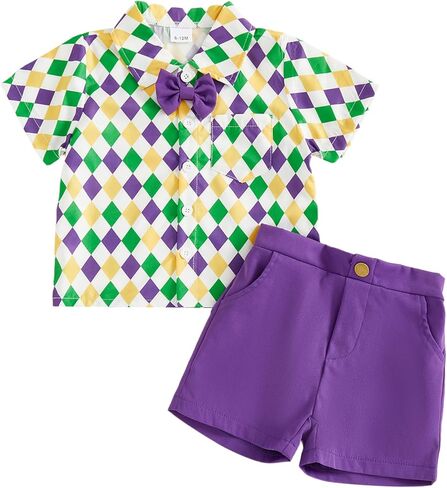 طقم ملابس Hekkomird Baby Boy Mardi Gras لطيف على شكل كعكة King بأكمام قصيرة وقميص وسروال قصير للأطفال الصغار in Saudi Arabia