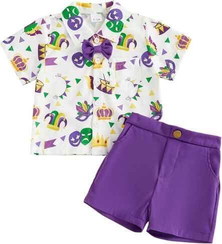 طقم ملابس Hekkomird Baby Boy Mardi Gras لطيف على شكل كعكة King بأكمام قصيرة وقميص وسروال قصير للأطفال الصغار in Saudi Arabia