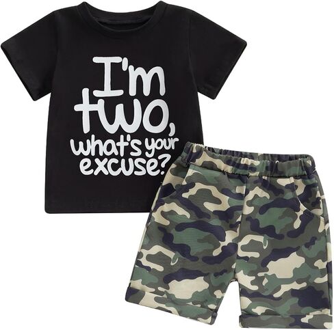 Fernvia Toddler Baby Boy 2nd Birthday Outfit Letter Print Short Sleeve T-shirt Elastic Camouflage Shorts Summer Clothes in Saudi Arabia
