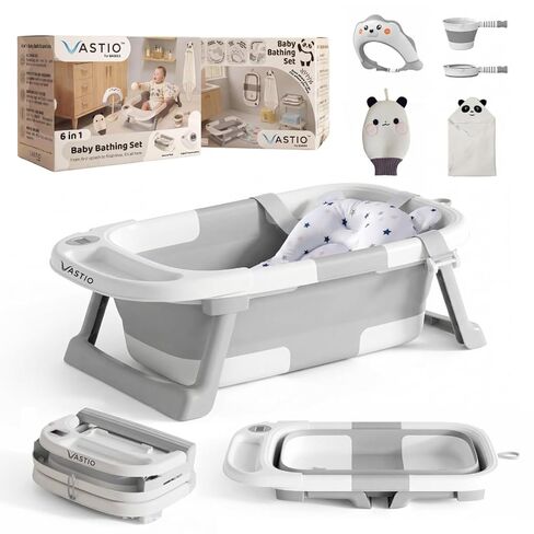 6-in-1 Collapsible Baby Bathtub Set with Thermometer, Foldable Infant Tub for Newborn to Toddler, Portable Bath Set with Cushion, Rinse Cup, Cap, Towel & Mitt, All-in-One Baby Bath Essentials in Saudi Arabia