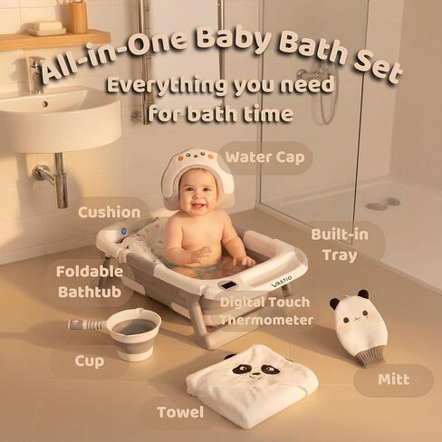 6-in-1 Collapsible Baby Bathtub Set with Thermometer, Foldable Infant Tub for Newborn to Toddler, Portable Bath Set with Cushion, Rinse Cup, Cap, Towel & Mitt, All-in-One Baby Bath Essentials in Saudi Arabia