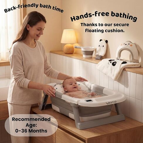 6-in-1 Collapsible Baby Bathtub Set with Thermometer, Foldable Infant Tub for Newborn to Toddler, Portable Bath Set with Cushion, Rinse Cup, Cap, Towel & Mitt, All-in-One Baby Bath Essentials in Saudi Arabia