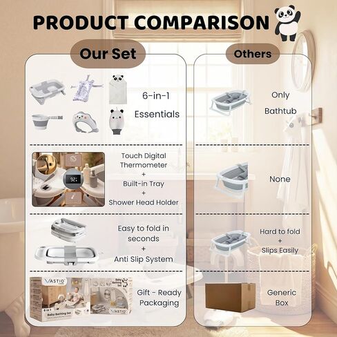 6-in-1 Collapsible Baby Bathtub Set with Thermometer, Foldable Infant Tub for Newborn to Toddler, Portable Bath Set with Cushion, Rinse Cup, Cap, Towel & Mitt, All-in-One Baby Bath Essentials in Saudi Arabia