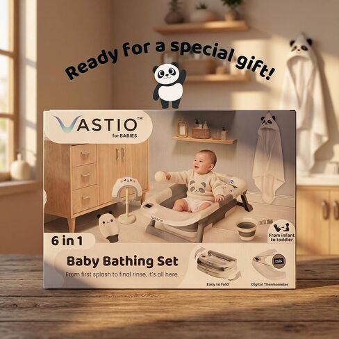 6-in-1 Collapsible Baby Bathtub Set with Thermometer, Foldable Infant Tub for Newborn to Toddler, Portable Bath Set with Cushion, Rinse Cup, Cap, Towel & Mitt, All-in-One Baby Bath Essentials in Saudi Arabia