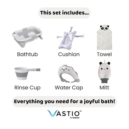 6-in-1 Collapsible Baby Bathtub Set with Thermometer, Foldable Infant Tub for Newborn to Toddler, Portable Bath Set with Cushion, Rinse Cup, Cap, Towel & Mitt, All-in-One Baby Bath Essentials in Saudi Arabia