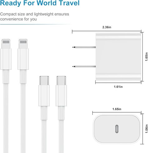 iPhone Charger Fast Charging 6ft, Type C Charger Block and Long USB C to Lightning Cable Cord, USBC Wall Plug Power Adapter Cube for Apple iPhone 14 Pro Max/14 Plus/14/13/12 Mini/11/XS Max/XR/iPad Air in Saudi Arabia