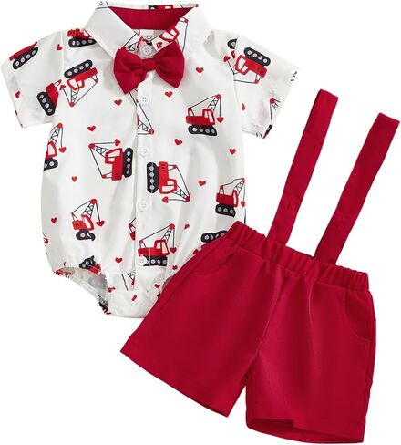 Infant Baby Boy Valentines Day Outfit Excavator Button Down Short Sleeve Dress Shirts Romper Suspender Shorts Set in Saudi Arabia