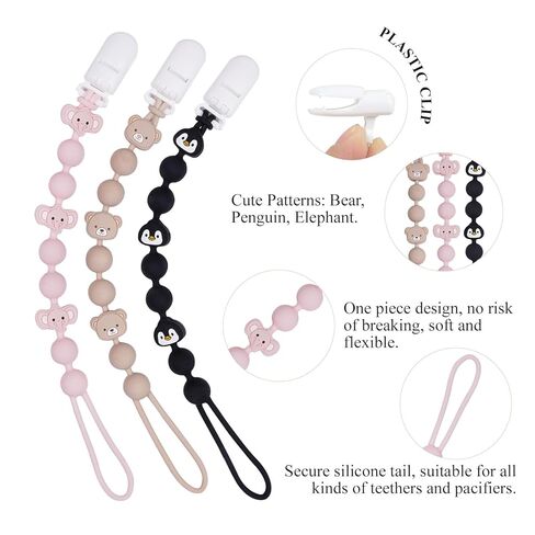Cute Fruits Silicone Pacifier Clip Holder,Pack of 3,Flexible One Piece Design Paci Leash,Binky Clips for Baby Boys and Girls,Newborn Essential. (Elephant,Penguin,Bear) in Saudi Arabia