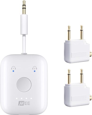 MEE audio Connect Air in-Flight Bluetooth Wireless Audio Transmitter with 2-Pack Airplane Adapter, for up to 2 AirPods/Other Headphones; Works with All 3.5mm AUX Jacks, White in Kuwait