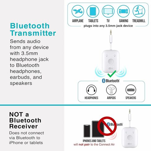MEE audio Connect Air In-Flight Bluetooth جهاز إرسال صوتي لاسلكي مع محول طائرة مكون من قطعتين، لما يصل إلى 2 AirPods / سماعات رأس أخرى؛ يعمل مع جميع مقابس AUX مقاس 3.5 مم، باللون الأبيض in Kuwait