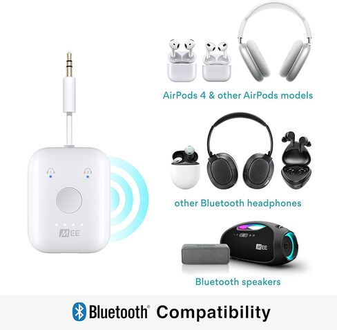 MEE audio Connect Air In-Flight Bluetooth جهاز إرسال صوتي لاسلكي مع محول طائرة مكون من قطعتين، لما يصل إلى 2 AirPods / سماعات رأس أخرى؛ يعمل مع جميع مقابس AUX مقاس 3.5 مم، باللون الأبيض in Kuwait