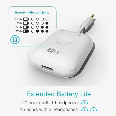 MEE audio Connect Air In-Flight Bluetooth جهاز إرسال صوتي لاسلكي مع محول طائرة مكون من قطعتين، لما يصل إلى 2 AirPods / سماعات رأس أخرى؛ يعمل مع جميع مقابس AUX مقاس 3.5 مم، باللون الأبيض in Kuwait
