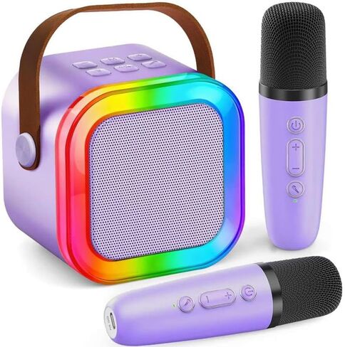Mini Karaoke Machine for Kids Adults, Portable Bluetooth Speaker with 2 Wireless Microphones, LED Lights, Singing System for Family Home Party, Voice Changer, Boys Girls Karaoke Machine with Speaker in Kuwait