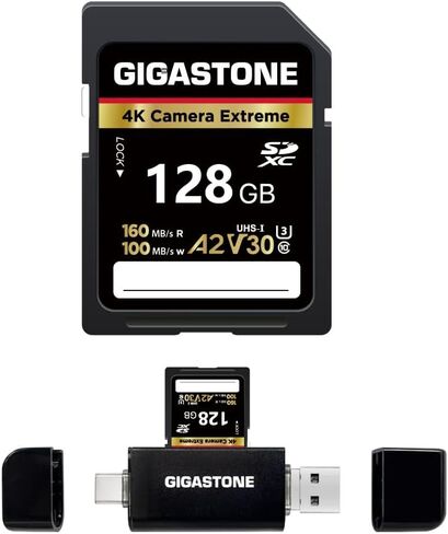 【استعادة البيانات لمدة 5 سنوات】 بطاقة SD سعة 128 جيجابايت من GIGASTONE مع قارئ بطاقة USB من النوع C، وكاميرا 4K Extreme، وبطاقة ذاكرة A2 V30 U3 C10 SDXC عالية السرعة، متوافقة مع كاميرا Canon Kodak Olympus الرقمية in Saudi Arabia
