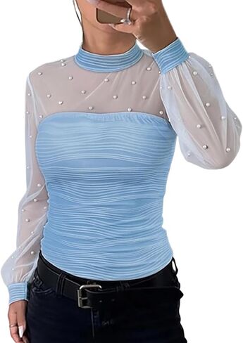Women‘s Pearls Decor Long Sleeve Blouse Mesh Spliced Textured Shirt 2025 Fall Going Out Top in Saudi Arabia