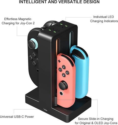 قاعدة شحن Joycon لجهاز Nintendo Switch 2,8 في 1 شاحن Joycon لوحدات تحكم Nintendo Switch، متوافق مع Joy-Con & Joy-Con 2، ملحقات وحدة تحكم Switch 2، أسود in Saudi Arabia