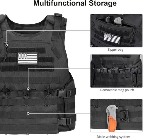 سترة خارجية مع حقيبة بسحاب قابلة للتعديل، سترة مولي سريعة الإصدار مع ثلاث أكياس ماج قابلة للإزالة، سترة خارجية سوداء in Kuwait