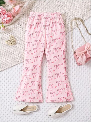 OYOANGLE Toddler Girl's Bow Print Bell Bottom Pants Elastic Waist Cute Flare Leg Trousers Casual Comfy Bootcut in Saudi Arabia