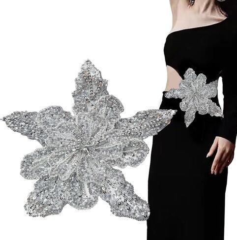 1Pcs Handmade Rhinestones Applique Champagne Large Flower Sequin Beaded Patches Sew on Sequins Crystal Lace Fabric Trim for Wedding Dress Wedding Headwear DIY Decorative Clothes in Kuwait