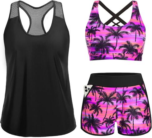 Women 3 Piece Tankini Swimsuit - Mesh Racerback Tank Top with Sports Bra and Pocketed Boyshorts Athletic Bathing Suits in Saudi Arabia