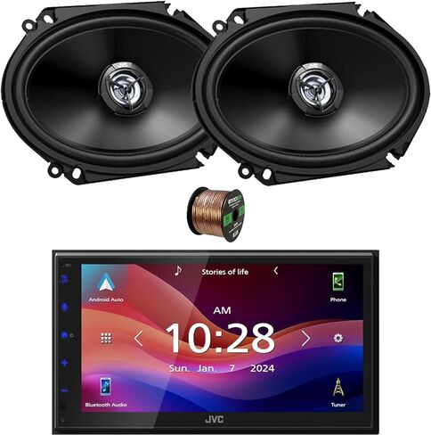 JVC KW-M595BT Double DIN 6.8 بوصة WSVGA LCD تعمل باللمس بلوتوث USB/AM/FM مجموعة استقبال الوسائط الرقمية ستيريو مع زوجين (الكمية 4) 6 × 8 300 وات مكبرات صوت السيارة المحورية ثنائية الاتجاه، سلك مكبر الصوت in Saudi Arabia