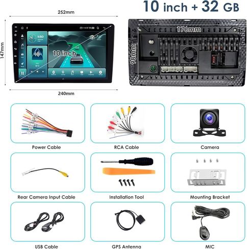 10 بوصات WiFi 6 Wireless CarPlay Android Auto Car Stereo، 32 جيجا بايت مزدوج Din HD شاشة تعمل باللمس، بلوتوث 5.4، كاميرا احتياطية، نظام تحديد المواقع العالمي، مناسب لجميع السيارات in Kuwait