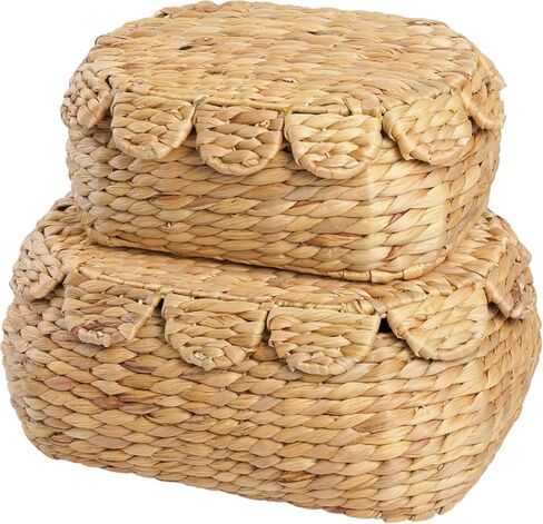 Boho Rattan Basket Set of 2, Scalloped Wicker Storage Baskets with Lids, Handwoven Woven Storage Basket Decorative Basket, Vintage Picnic Basket, Wicker Bread Basket, Natural Decorative Storage in Saudi Arabia