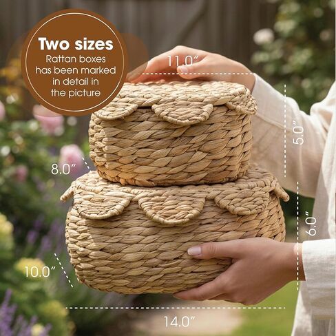 Boho Rattan Basket Set of 2, Scalloped Wicker Storage Baskets with Lids, Handwoven Woven Storage Basket Decorative Basket, Vintage Picnic Basket, Wicker Bread Basket, Natural Decorative Storage in Saudi Arabia