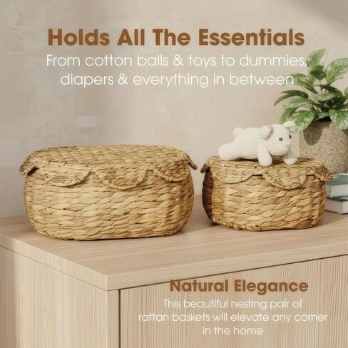 Boho Rattan Basket Set of 2, Scalloped Wicker Storage Baskets with Lids, Handwoven Woven Storage Basket Decorative Basket, Vintage Picnic Basket, Wicker Bread Basket, Natural Decorative Storage in Saudi Arabia
