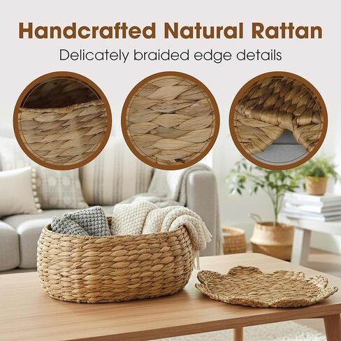 Boho Rattan Basket Set of 2, Scalloped Wicker Storage Baskets with Lids, Handwoven Woven Storage Basket Decorative Basket, Vintage Picnic Basket, Wicker Bread Basket, Natural Decorative Storage in Saudi Arabia
