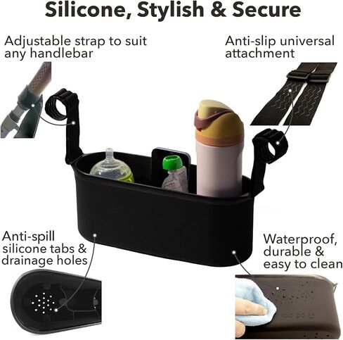 Universal Silicone Stroller Organizer by roo go | Waterproof, Durable, Easy-to-Clean Caddy with Secure Cup Holders | 100% BPA-Free, Eco-Friendly, Anti-Slip Straps fit Uppababy, Nuna, Doona & More in Saudi Arabia