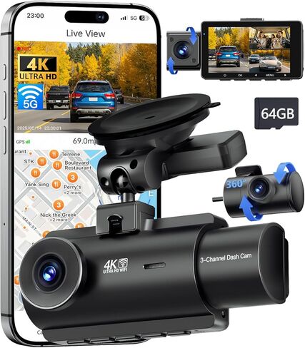 QCONTROL® Ultra-Sharp 4K Clarity 3 Channel Wireless Dash Cam أمامية وخلفية من الداخل، رؤية ليلية محسنة 6G WiFi 3 "كاميرا داش للسيارات، GPS دقيق 64 جيجابايت بطاقة Dashcam G-Sensor in Kuwait