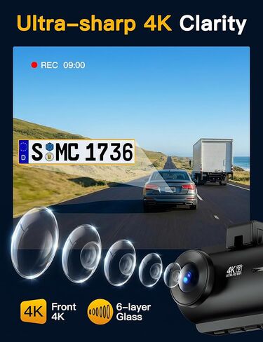 QCONTROL® Ultra-Sharp 4K Clarity 3 Channel Wireless Dash Cam أمامية وخلفية من الداخل، رؤية ليلية محسنة 6G WiFi 3 "كاميرا داش للسيارات، GPS دقيق 64 جيجابايت بطاقة Dashcam G-Sensor in Kuwait