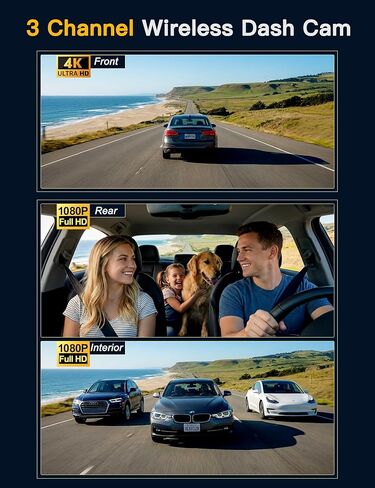 QCONTROL® Ultra-Sharp 4K Clarity 3 Channel Wireless Dash Cam أمامية وخلفية من الداخل، رؤية ليلية محسنة 6G WiFi 3 "كاميرا داش للسيارات، GPS دقيق 64 جيجابايت بطاقة Dashcam G-Sensor in Kuwait