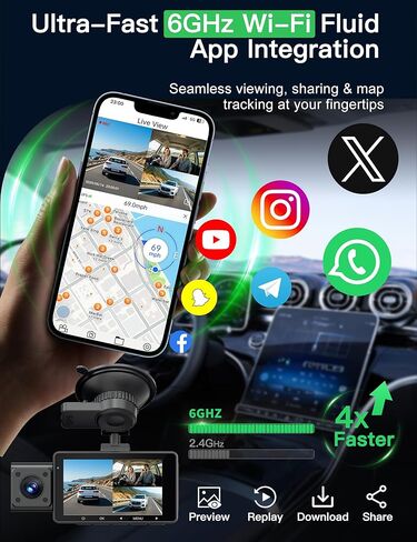 QCONTROL® Ultra-Sharp 4K Clarity 3 Channel Wireless Dash Cam أمامية وخلفية من الداخل، رؤية ليلية محسنة 6G WiFi 3 "كاميرا داش للسيارات، GPS دقيق 64 جيجابايت بطاقة Dashcam G-Sensor in Kuwait