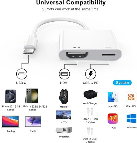 [معتمد من Apple MFi] محول USB C إلى HDMI لهاتف iPhone 17 16 15، محول AV رقمي من النوع C 4K UHD Thunderbolt إلى HDMI موصل شاشة مزامنة لهاتف iPhone 17 16 15 Pro Max إلى جهاز عرض شاشة التلفزيون in Saudi Arabia