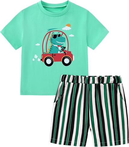 Toddler Baby Boy Summer Outfits Crew Neck T-shirt+Striped Shorts Set with Pockets Casual 2 Piece Clothes 1-6 Years in Saudi Arabia