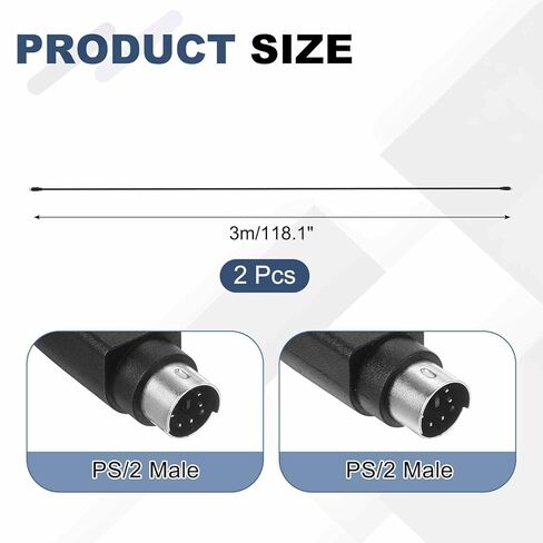 كابل تمديد PS/2 للماوس ولوحة المفاتيح بطول 9.8 قدم - عبوتان 28 AWG 6 Pin UL2464 كابل تمديد أسلاك نحاسية ذكر إلى ذكر للوحة مفاتيح الماوس المستديرة PS/2، أسود in Kuwait