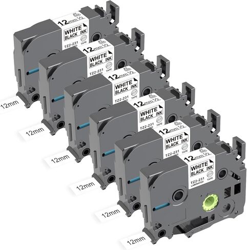 RASSURT Brother Label Maker Tape, 12mm 0.47 Laminated Tape for Home & Office, Print Clearly & Easy Peel, TZe-231 Compatible for P-Touch PT-D210, PT-H110, PT-D400, D220 & More, 6-Pack (Black on White) in Saudi Arabia