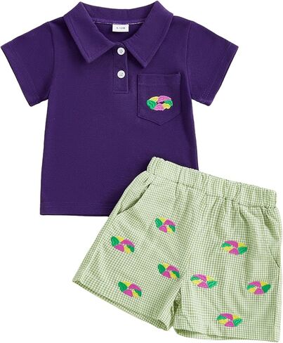 Toddler Baby Boy Easter Outfit Summer Clothes Cross Embroidery Short Sleeve Lapel Shirt Plaid Shorts Set in Saudi Arabia