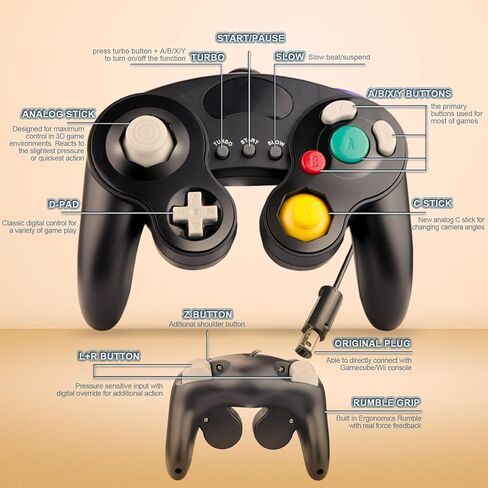 وحدة تحكم GameCube مطورة من YSDZSW مع وظيفة TURBO، وحدة تحكم سلكية كلاسيكية لجهاز Wii/GameCube (أسود) in Kuwait