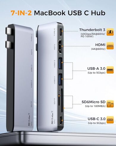 USB C Hub for MacBook Pro/Air M5 M4 M3 M2 M1 2025-2018 13" 14" 15" 16", 7 in 2 MacBook Multiport Adapter Accessories Dongle with 4K@60Hz HDMI, Thunderbolt 3, USB C&A Ports, SD TF Card Reader in Kuwait