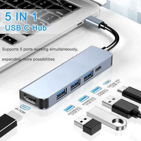 USB C HUB, Expand USB-C Multiport Adapter 5 in 1 with 4K HDMI, 100W Power Delivery, 3 USB A Data Ports for MacBook Pro/Air, iPad Pro/Air/Mini 6 and More in Saudi Arabia