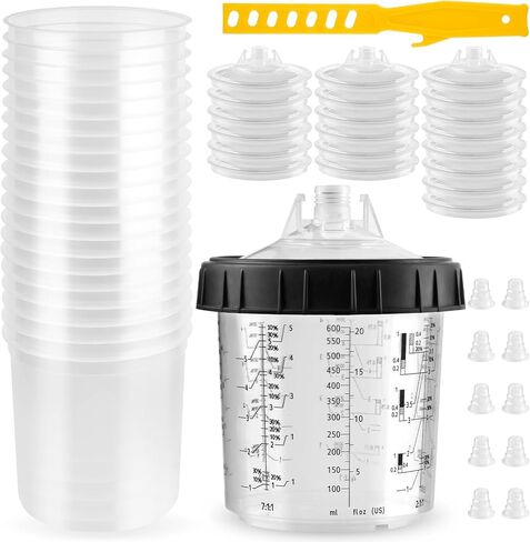 Disposable Paint Cups with Filter Lids - 20oz (600ml) Universal Paint Spray Gun Cup Kit, 50 Liners & Lids, 1 Hard Cup with Retainer Ring, 20 Plugs & 1 Stirrer for HVLP/LVLP Guns in Saudi Arabia