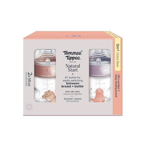 Tommee Tippee Natural Start Newborn Baby Bottles, 5 oz with Slow Flow Breast-Like Nipples for A Natural Latch, Self-Sterilizing and BPA Free, Cowboy Theme, Pack of 2 in Saudi Arabia