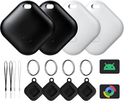 علامة Air Tag لنظام Android، متعقب العلامات - 4 عبوات مع 4 حافظات، يعمل عبر تطبيق Google Find Hub، علامات متتبع Android، مكتشف العناصر للمفتاح، حقيبة الظهر، السفر والتنقل، 2 أسود، 2 أبيض (ليس لنظام iOS) in Kuwait