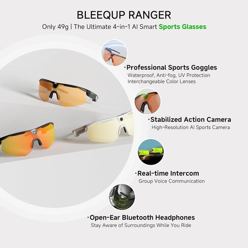 Ranger AI Smart Glasses with Camera Sports Goggles with16MP,120°FOV, EIS stabilization Camera,1080P Video Recording，UV 400 Protection，Open‐Ear Audio，walkie-Talkie Black - Zeiss Orange Lens in Saudi Arabia